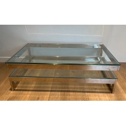 Modernist Chrome & Double Thick-Glass Coffee Table, France circa 1970