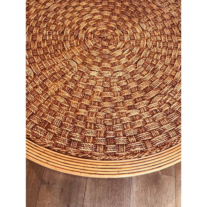 Large Round Rope & Wood Coffee Table, in the Style of Audoux-Minet, France c.1970