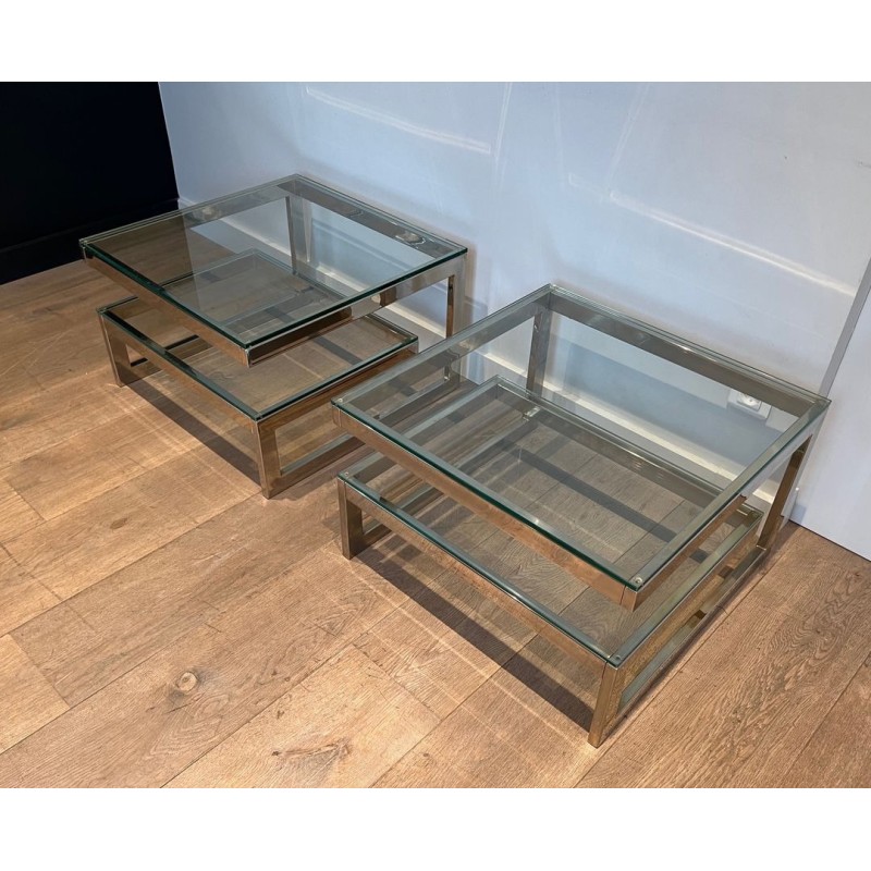 Pair of Modernist Chrome Flat-Bar Side Tables with Thick Glass Shelves, France circa 1970