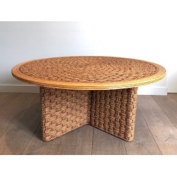Large Round Rope & Wood Coffee Table, in the Style of Audoux-Minet, France c.1970