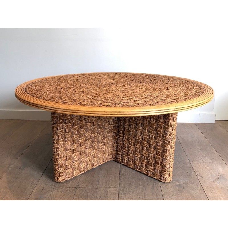 Large Round Rope & Wood Coffee Table, in the Style of Audoux-Minet, France c.1970