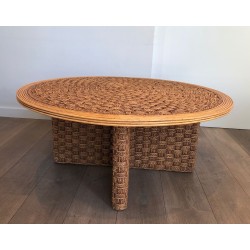 Large Round Rope & Wood Coffee Table, in the Style of Audoux-Minet, France c.1970