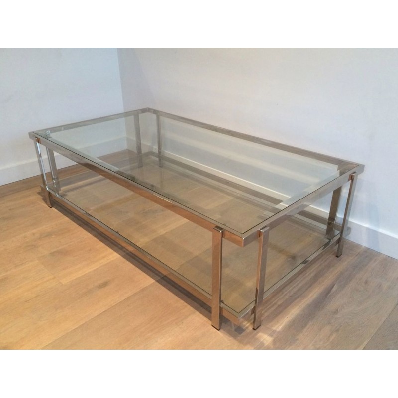 Large Two-Tier Chrome & Glass Coffee Table, France circa 1970