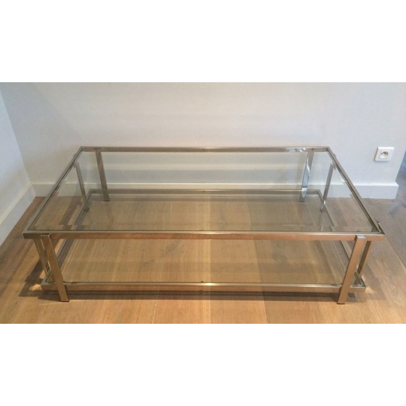 Large Two-Tier Chrome & Glass Coffee Table, France circa 1970