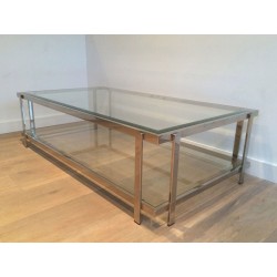 Large Two-Tier Chrome & Glass Coffee Table, France circa 1970