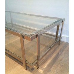 Large Two-Tier Chrome & Glass Coffee Table, France circa 1970