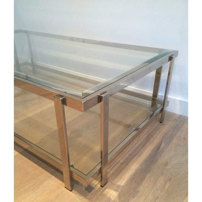 Large Two-Tier Chrome & Glass Coffee Table, France circa 1970