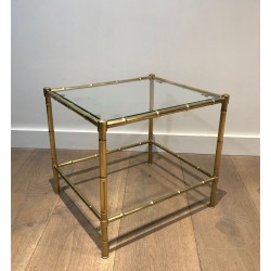 Two-Tier Faux-Bamboo Brass Side Table with Glass Shelves, in the Style of Jacques Adnet, c.1970