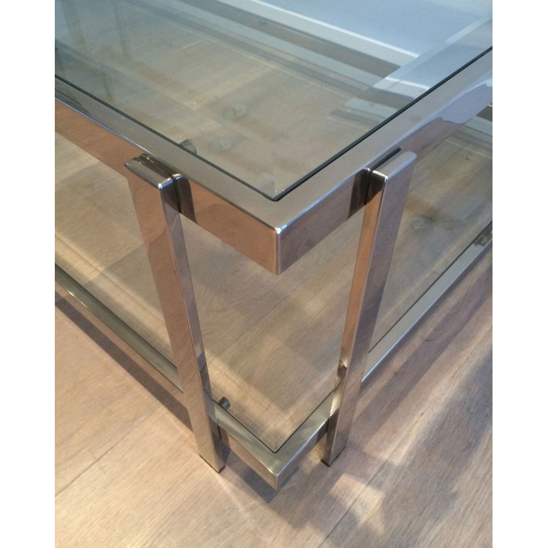 Large Two-Tier Chrome & Glass Coffee Table, France circa 1970