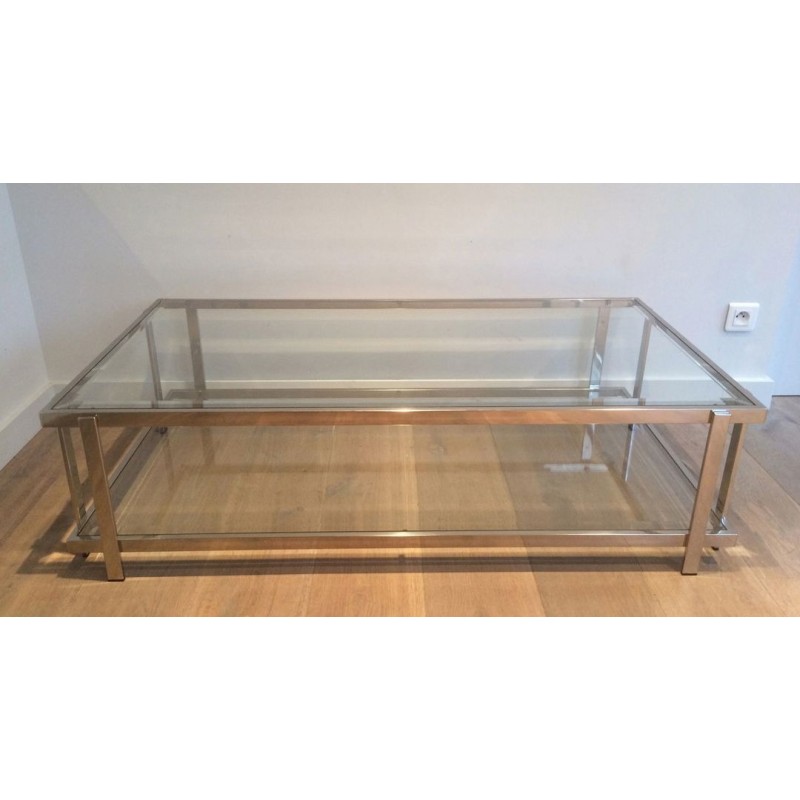 Large Two-Tier Chrome & Glass Coffee Table, France circa 1970