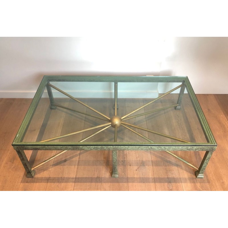 Large Patinated Iron & Gilt Coffee Table with Sunburst Base, France circa 1940