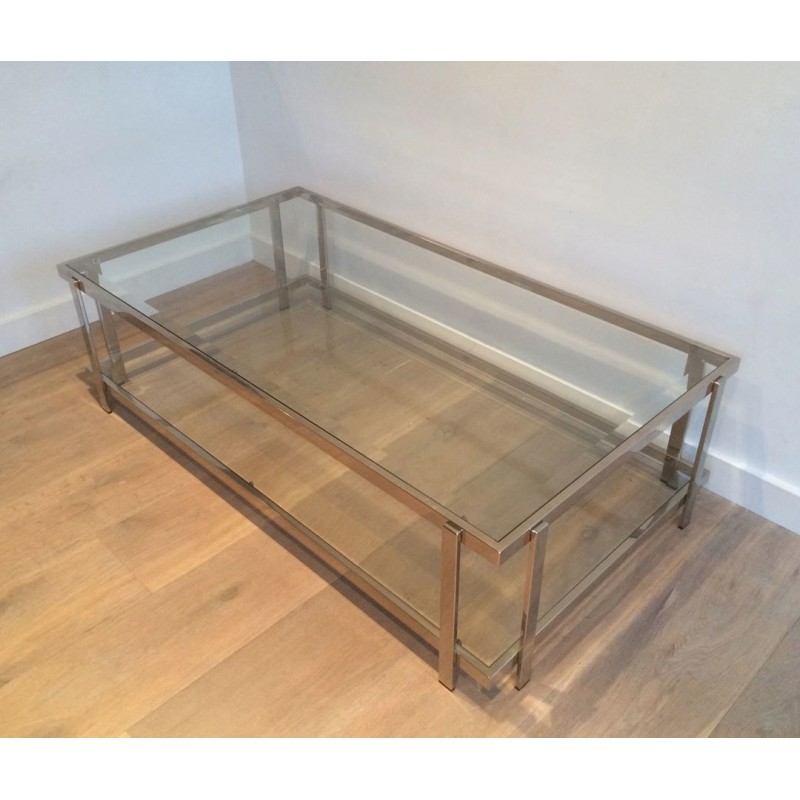 Large Two-Tier Chrome & Glass Coffee Table, France circa 1970