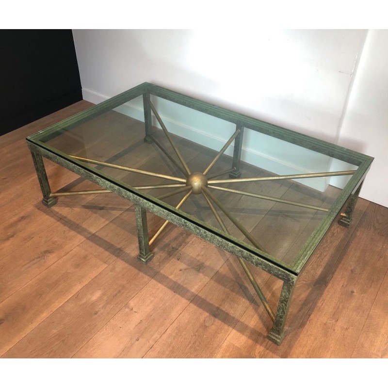 Large Patinated Iron & Gilt Coffee Table with Sunburst Base, France circa 1940