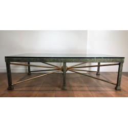 Large Patinated Iron & Gilt Coffee Table with Sunburst Base, France circa 1940