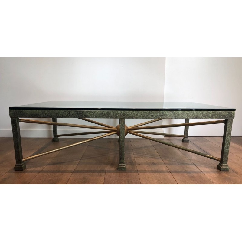 Large Patinated Iron & Gilt Coffee Table with Sunburst Base, France circa 1940