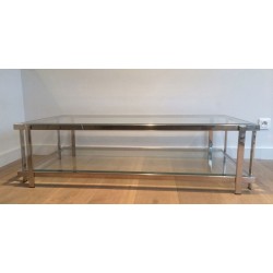 Large Two-Tier Chrome & Glass Coffee Table, France circa 1970