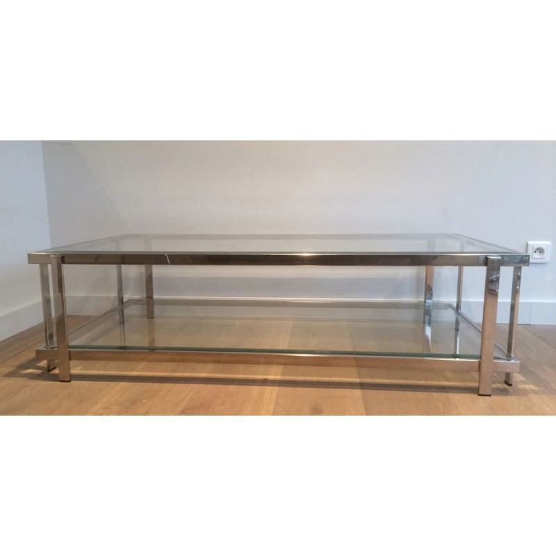 Large Two-Tier Chrome & Glass Coffee Table, France circa 1970