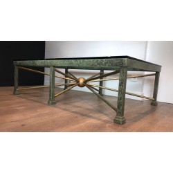 Large Patinated Iron & Gilt Coffee Table with Sunburst Base, France circa 1940