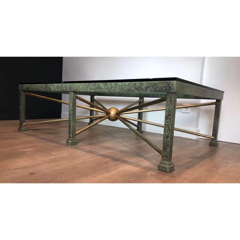 Large Patinated Iron & Gilt Coffee Table with Sunburst Base, France circa 1940