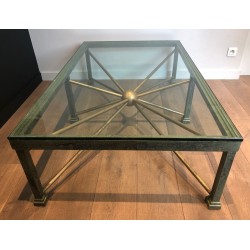 Large Patinated Iron & Gilt Coffee Table with Sunburst Base, France circa 1940