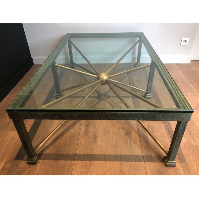 Large Patinated Iron & Gilt Coffee Table with Sunburst Base, France circa 1940