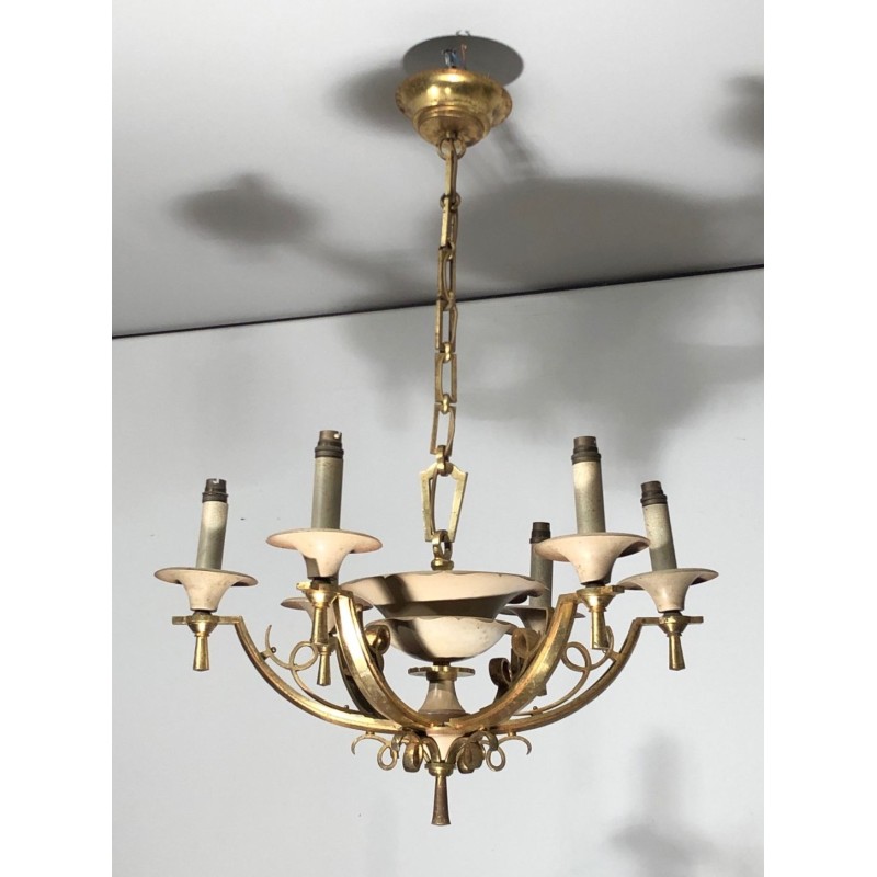 Six-Arm Brass & Cream Lacquered Metal Chandelier, France circa 1940