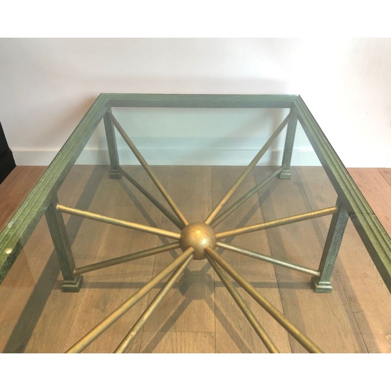 Large Patinated Iron & Gilt Coffee Table with Sunburst Base, France circa 1940