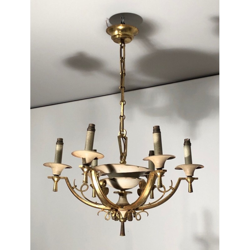Six-Arm Brass & Cream Lacquered Metal Chandelier, France circa 1940
