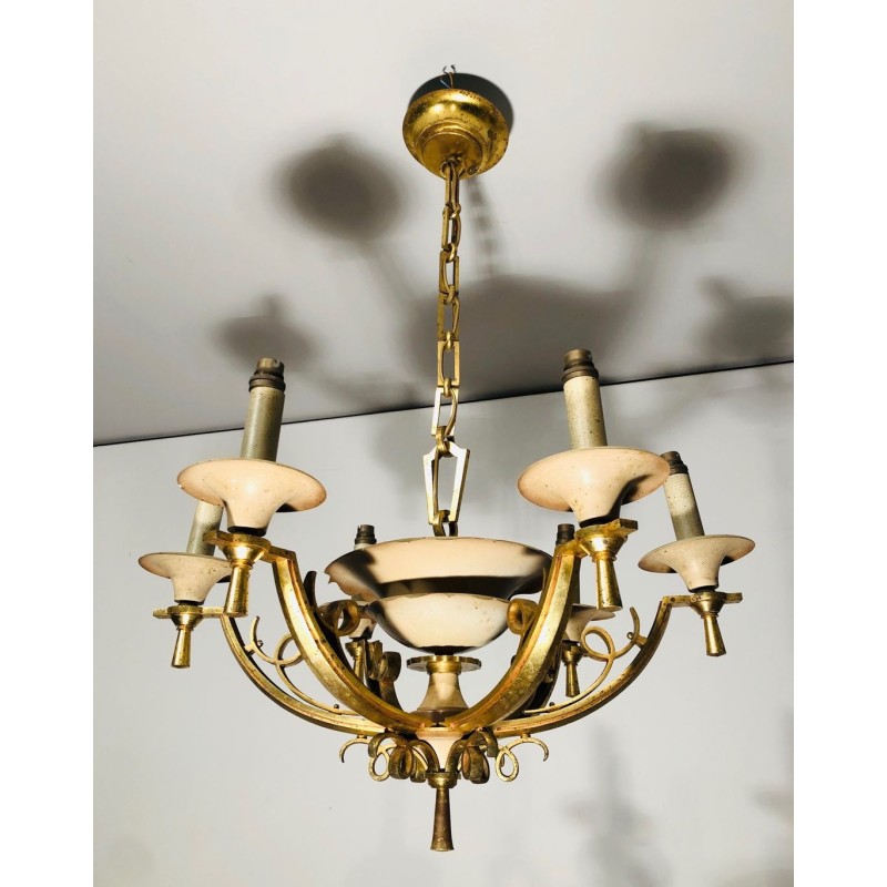 Six-Arm Brass & Cream Lacquered Metal Chandelier, France circa 1940