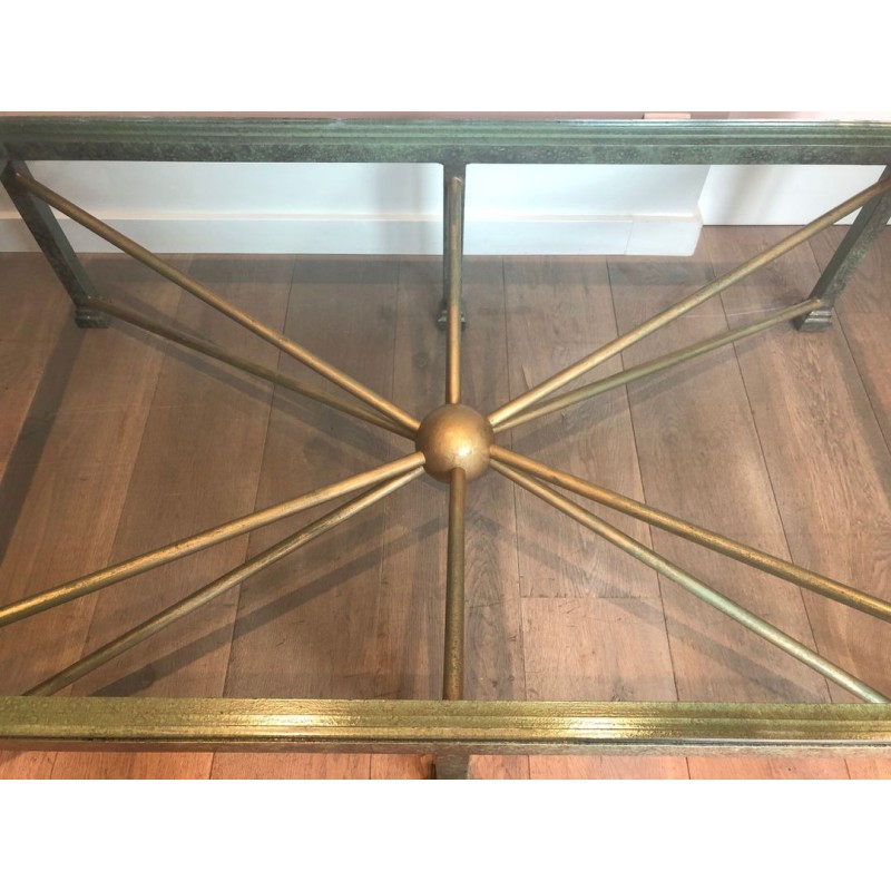 Large Patinated Iron & Gilt Coffee Table with Sunburst Base, France circa 1940