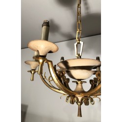 Six-Arm Brass & Cream Lacquered Metal Chandelier, France circa 1940
