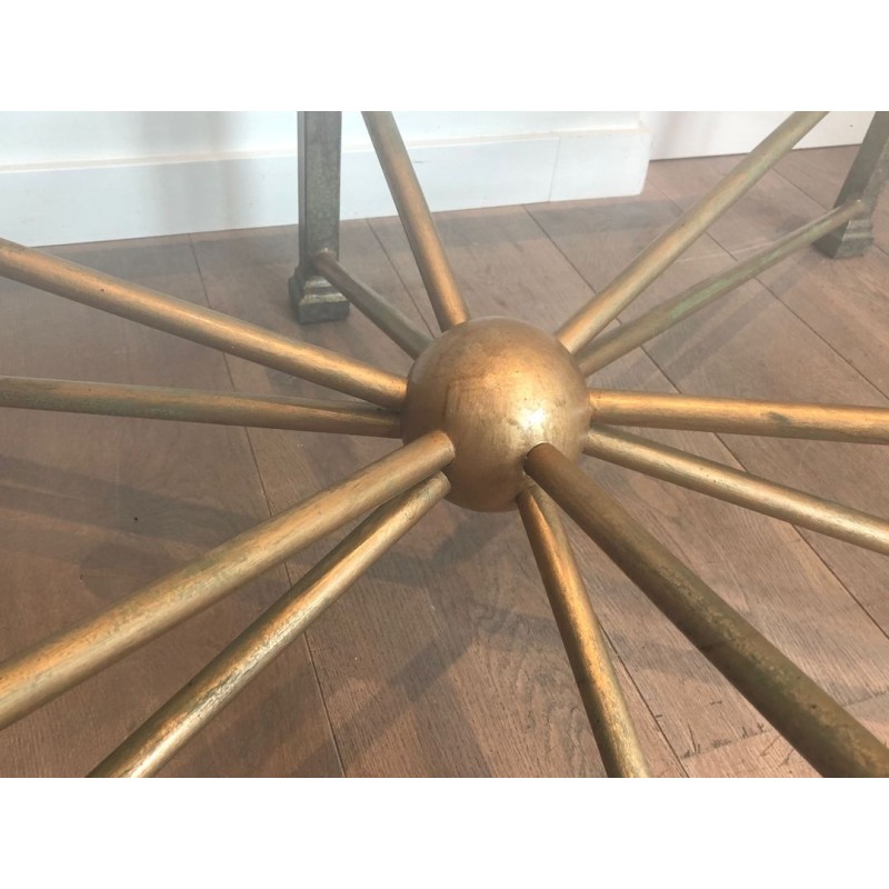 Large Patinated Iron & Gilt Coffee Table with Sunburst Base, France circa 1940
