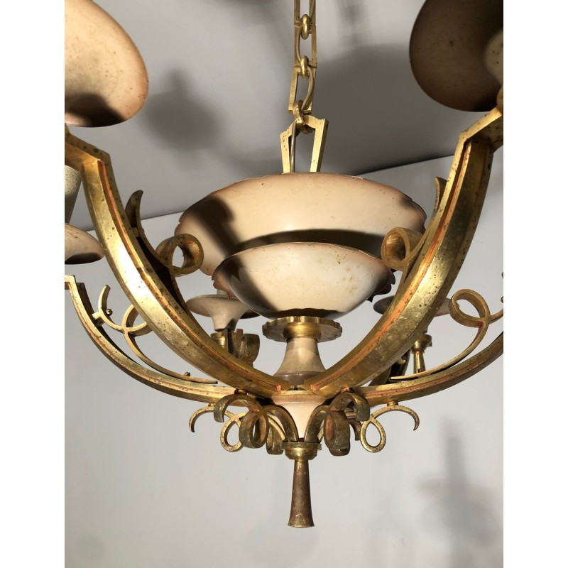 Six-Arm Brass & Cream Lacquered Metal Chandelier, France circa 1940
