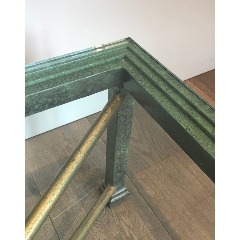Large Patinated Iron & Gilt Coffee Table with Sunburst Base, France circa 1940