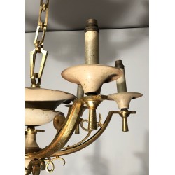 Six-Arm Brass & Cream Lacquered Metal Chandelier, France circa 1940