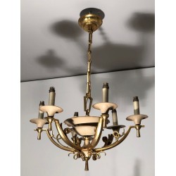 Six-Arm Brass & Cream Lacquered Metal Chandelier, France circa 1940