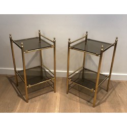 Pair of Three-Tier Neoclassical Brass & Smoked Glass Side Tables, in the Style of Baguès, c.1940