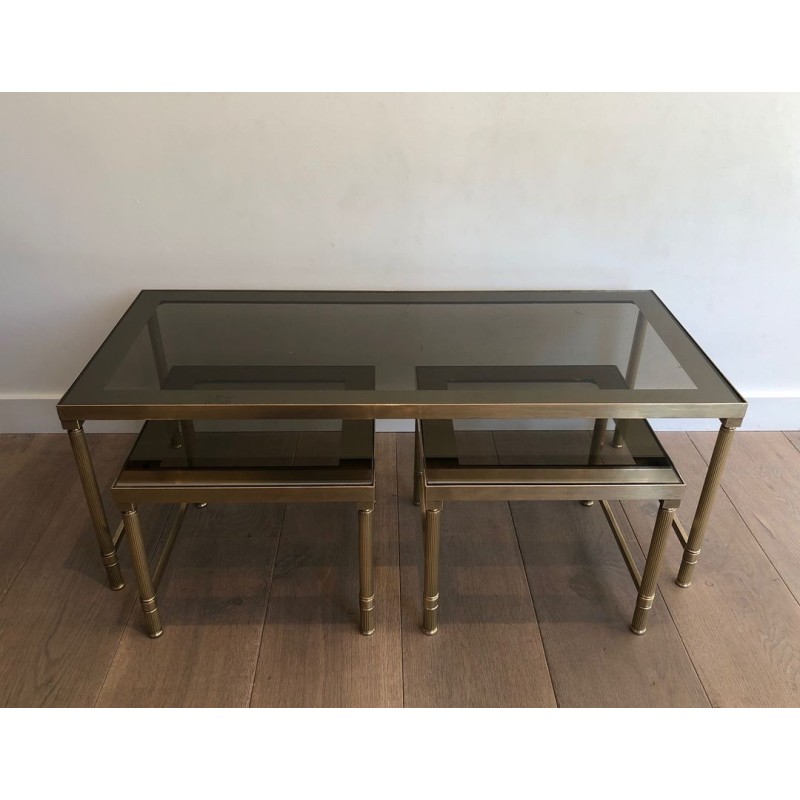 Brass & Smoked Glass Coffee Table with Two Nesting Side Tables, France circa 1970