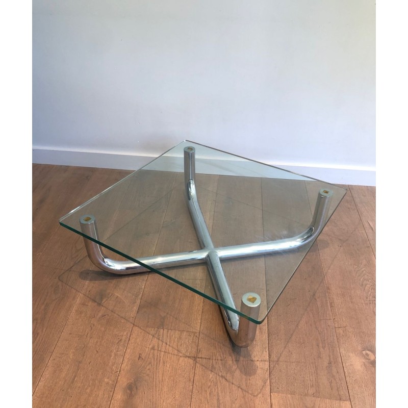 Modernist Chrome X-Base Coffee Table with Octagonal Glass Top, France circa 1970