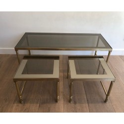 Brass & Smoked Glass Coffee Table with Two Nesting Side Tables, France circa 1970