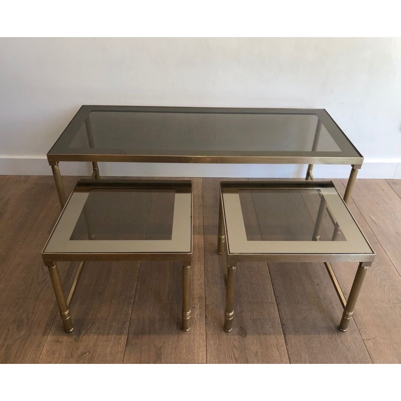 Brass & Smoked Glass Coffee Table with Two Nesting Side Tables, France circa 1970