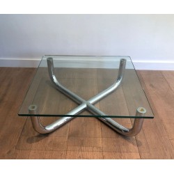 Modernist Chrome X-Base Coffee Table with Octagonal Glass Top, France circa 1970