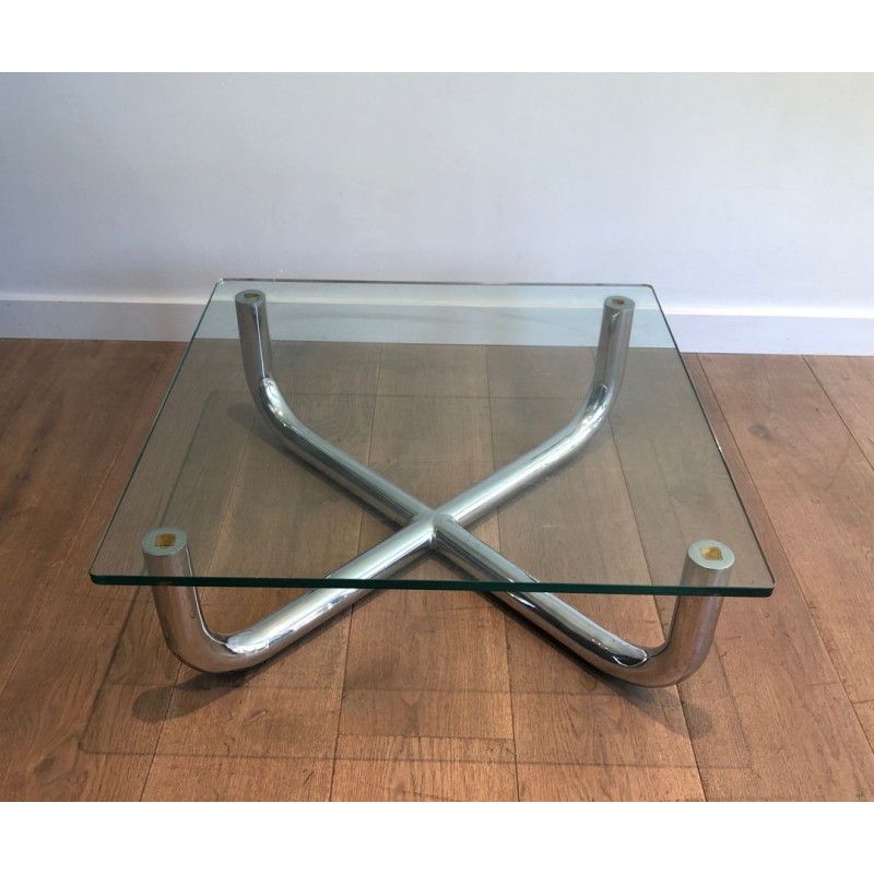 Modernist Chrome X-Base Coffee Table with Octagonal Glass Top, France circa 1970