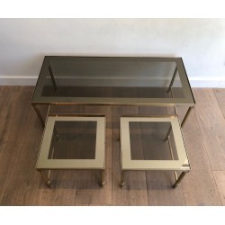 Brass & Smoked Glass Coffee Table with Two Nesting Side Tables, France circa 1970