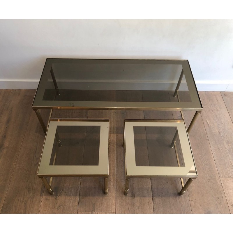 Brass & Smoked Glass Coffee Table with Two Nesting Side Tables, France circa 1970