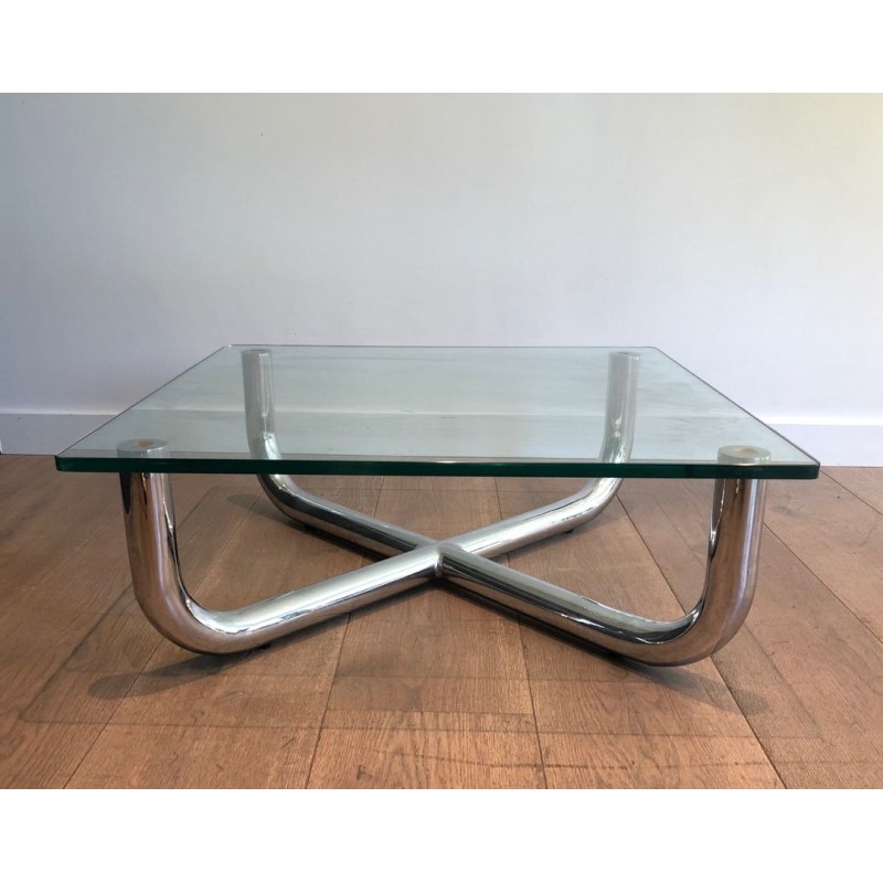 Modernist Chrome X-Base Coffee Table with Octagonal Glass Top, France circa 1970