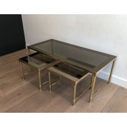 Brass & Smoked Glass Coffee Table with Two Nesting Side Tables, France circa 1970