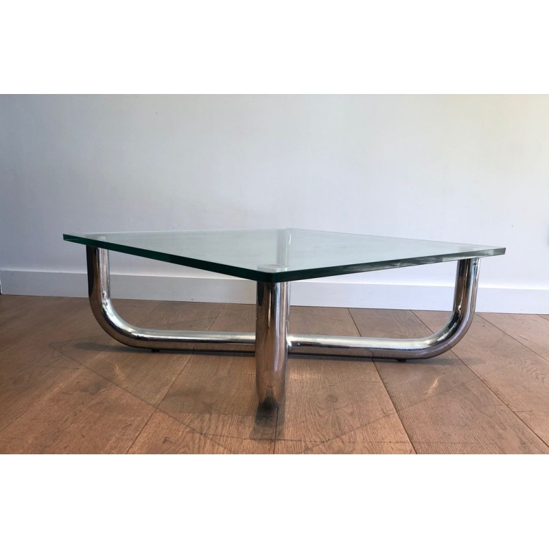 Modernist Chrome X-Base Coffee Table with Octagonal Glass Top, France circa 1970