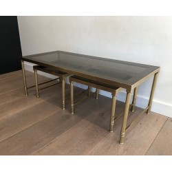 Brass & Smoked Glass Coffee Table with Two Nesting Side Tables, France circa 1970