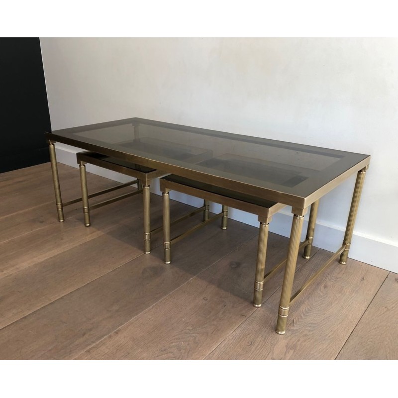 Brass & Smoked Glass Coffee Table with Two Nesting Side Tables, France circa 1970